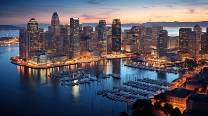 Obraz premium Aerial view of San Francisco at twilight on a summer evening, looking towards Financial District skyscrapers