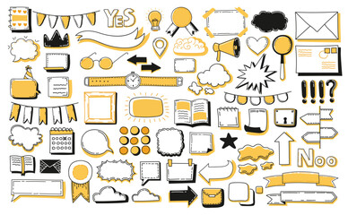 Journal doodle icons set. Hand drawn banners and elements for notebook, diary and planner. Doodle scribble style. Vector illustration