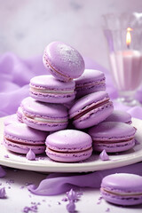 Obraz na płótnie Canvas purple macaron on a plate with milk, in the style of light white and light crimson created with Generative Ai