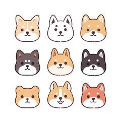 linear cute icons of dog, looking towards the camera, white background, bold thick line and solid colours, no shadow, flat style, simple details, minimalis