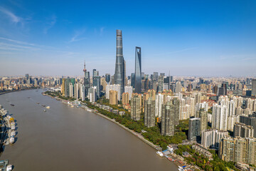 Aerial view of Shanghai skyline and modern buildings with the Huangpu River, China. Panoramic view.