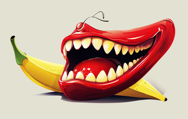Obraz premium the vicious banana, red, angry, pointed spike teeth, bright sparkling white created with Generative Ai