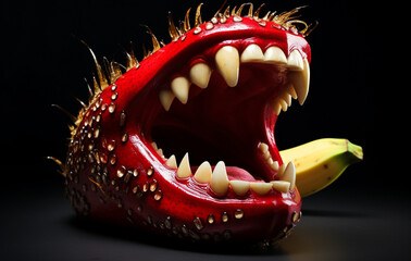 the vicious banana, red, angry, pointed spike teeth, bright sparkling white created with Generative Ai