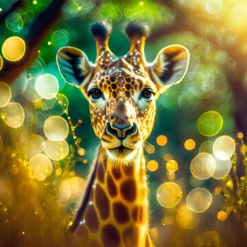 Giraffe portrait, wide aperture & bokeh lights.