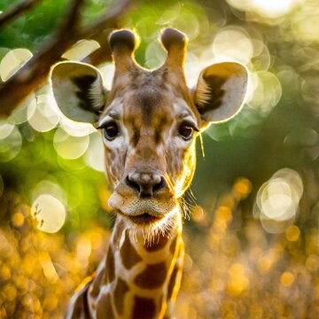 Giraffe portrait, wide aperture & stunning blurred background lighting.