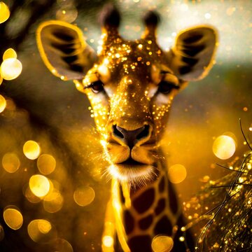 Giraffe portrait, wide aperture & bokeh lights.