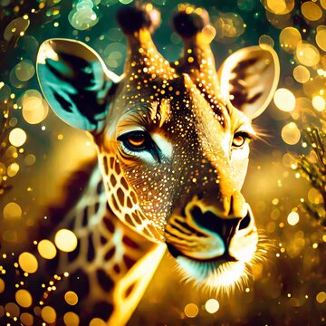 Giraffe portrait, wide aperture & bokeh lights.
