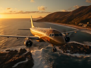 Commercial jet soaring over vibrant coastline at sunset with hues of orange and yellow sky