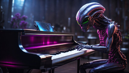 An alien plays a piano