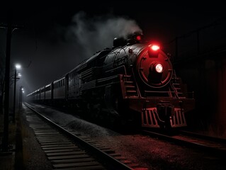 Vintage steam train in motion on foggy night under street lamp