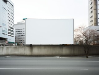 Blank billboard on concrete wall above bustling highway in urban setting
