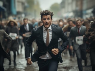 A Suited Man Running in a Busy Street - obrazy, fototapety, plakaty