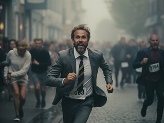 A businessman in a race on a foggy city street - 695326083
