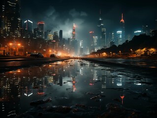 A night cityscape of a modern metropolis with skyscrapers and a wet street reflecting the lights