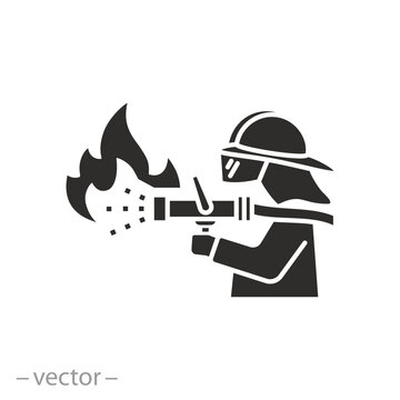 fireman puts out the fire icon, firefighter, flat symbol - vector illustration