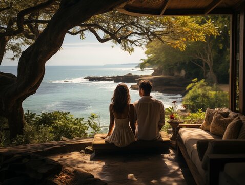 A couple sitting on a patio overlooking the ocean