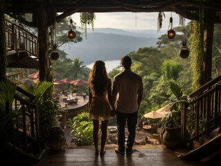 A couple standing on a balcony overlooking a tropical landscape