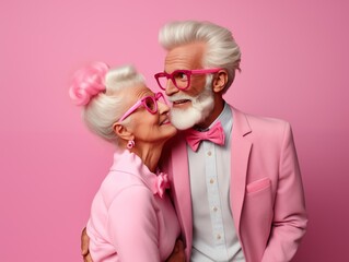 Elderly couple expressing love in pink attire on a monochromatic background. - 695326431