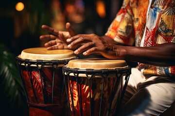 Close up of musician hand playing bongo drums.
