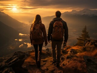 A couple hiking at sunset with a beautiful mountain view - 695326437