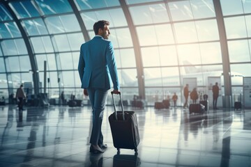A man in a blue suit holding a suitcase in an airport - obrazy, fototapety, plakaty