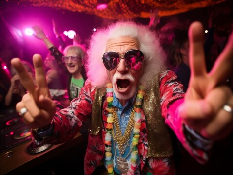 Elderly man in vibrant attire at a lively party