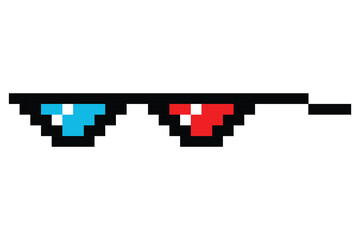 Pixel glasses meme. Like a boss meme. Pixelation, accessory optical fashion. 8 bit funky logo icon. Vector cartoon eyeglass frame for sunglasses - obrazy, fototapety, plakaty