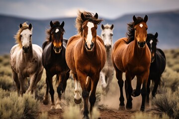 A group of horses running on a dirt road