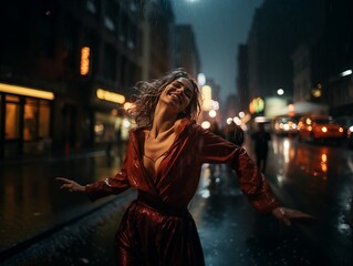 A woman in a red dress dancing in the rain on a city street at night - 695326673