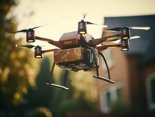 Drone delivering package in suburban area
