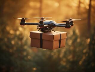 Drone delivering package in forest at sunset - 695326826