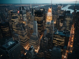 Aerial view of New York City skyline at night