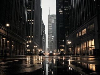 Fototapeta na wymiar Rainy city street at night with tall buildings and cars
