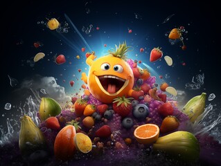 Obraz na płótnie Canvas A colorful fruit explosion with a happy orange character in the center