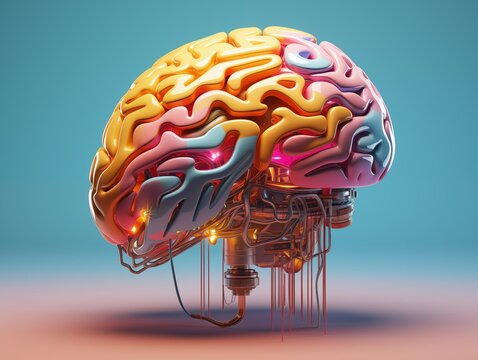 Colorful 3D rendering of a brain with wires and lights on a blue background