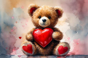 A teddy bear holds a red heart in his hands on a background of flowers as a gift for Valentine's...