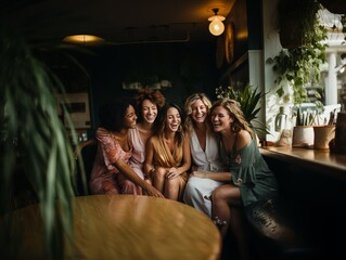 Five women friends sharing a joyful moment in a cafe