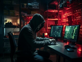Hacker with multiple monitors in a dimly lit room