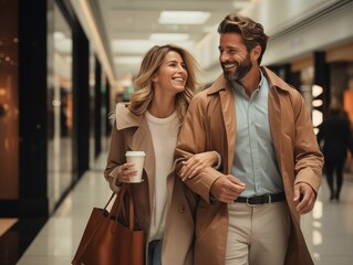 A couple walking in a mall with shopping bags and coffee cups