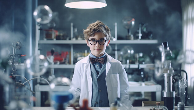 Cute science boy in lab learning. Student scientist. smart kid laboratory experiment. Cute child doing experiments in laboratory