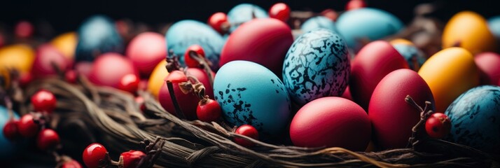 Obraz na płótnie Canvas Banner Easter Holiday Colored Eggs Straw , Banner Image For Website, Background, Desktop Wallpaper