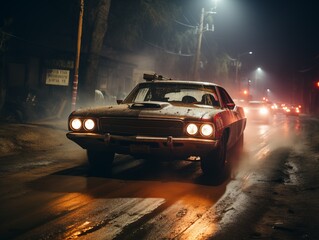 A vintage car on a foggy street at night - 695327624