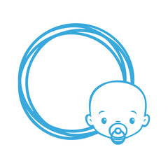 Anuncio de llegada de bebé chico. Marco circular con líneas  con cara de con chupete color azul para su uso en invitaciones y tarjetas