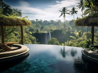 A luxurious infinity pool overlooking a waterfall in a tropical setting