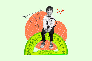 Photo collage creative picture cheerful small kid pupil good mark geometry school supplies subject...