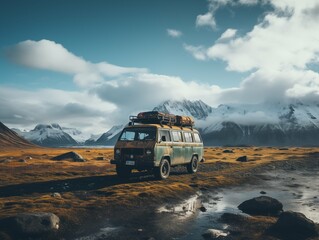 Vintage van in a majestic mountain landscape