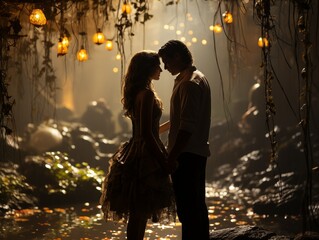 Couple standing close in a mystical, lantern-lit forest - 695328212