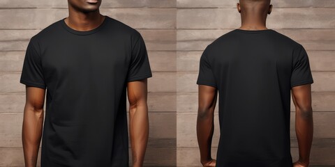 An advertisement showcasing fashionable black T-shirt apparel with a model in a casual pose.