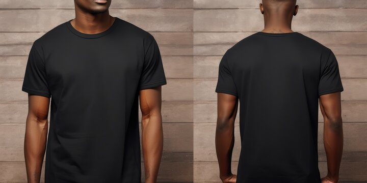 An advertisement showcasing fashionable black T-shirt apparel with a model in a casual pose.