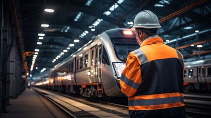 Engineer overall checking the electric train with digital tablet in railway